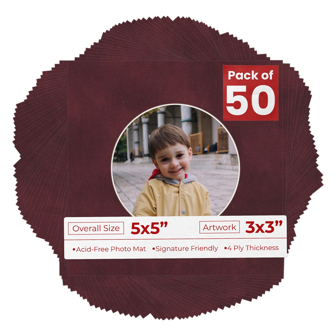 Dark Red Suede Mat Board for 5x5 Inch Frames - Circle Opening for 3x3 Photos